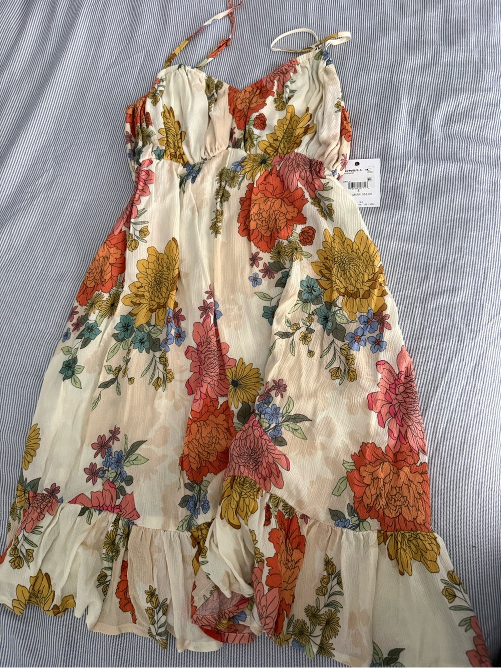 O'Neill Cream Floral Sundress with Yellow, Orange, Pink & Blue Blooms - Picture 1 of 3